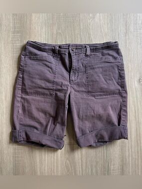 Purple denim cargo shorts with a relaxed fit
